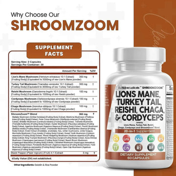 Lions Mane 3000Mg 20In1 Mushroom Supplement with Turkey Tail 2000Mg Reishi 1000Mg Cordyceps Chaga 1000Mg Maitake Meshima Poria Cocos Shiitake Oyster Porcini Enoki 60 Count